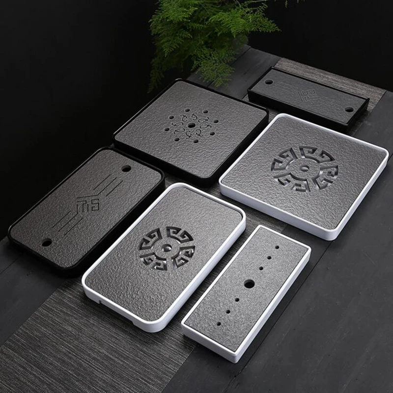 

Chinese Kung fu Melamine and Black Stone Tea tray with Drainage water storage for puer tea ,Rectangle and square travel tea set