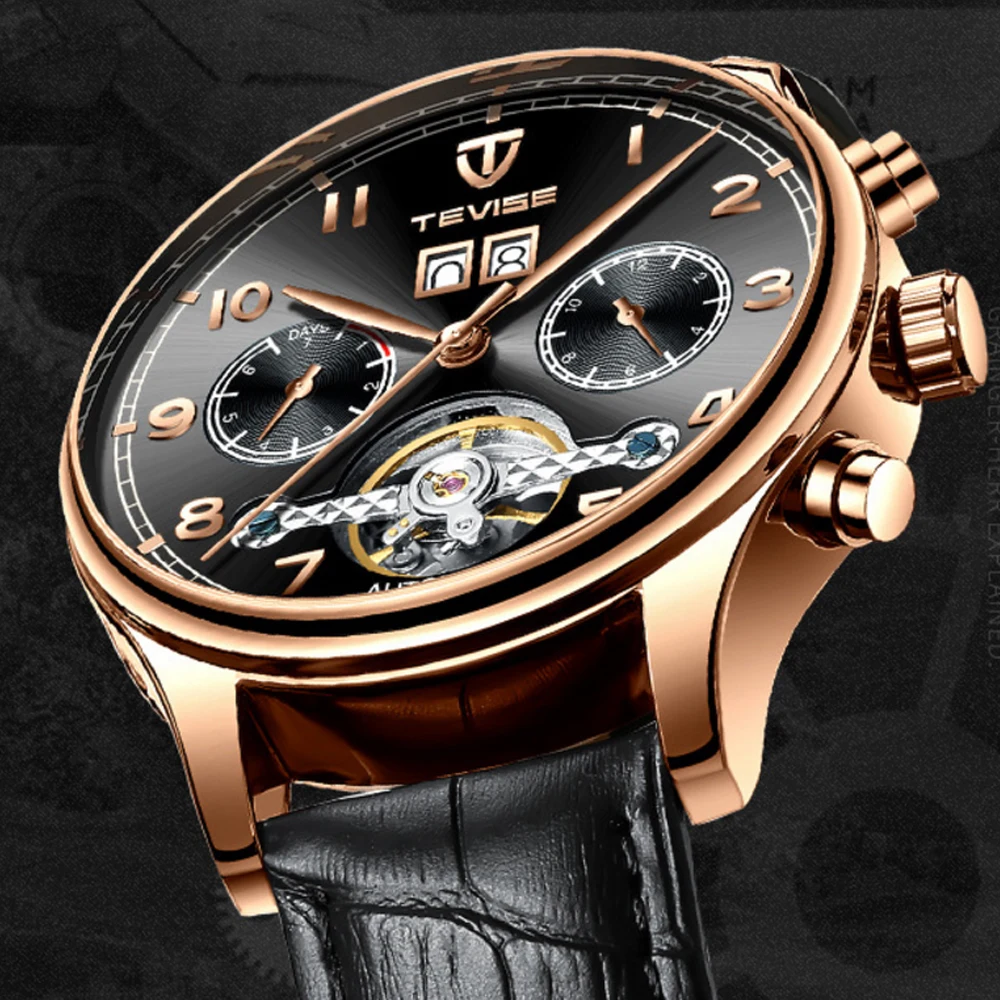 2019 Tevise الساعات الرجال Relogio Automatico الميكانيكية ووتش توربيون الهيكل العظمي جلد طبيعي العسكرية Wristwathes Masculino