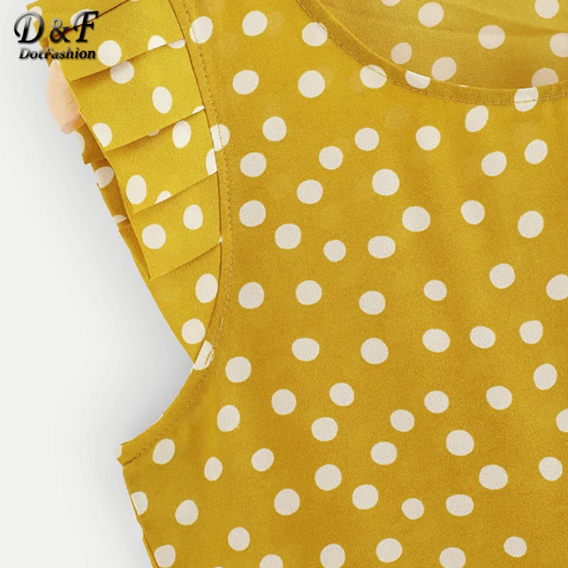 Dotfashion желтый топ в горошек с оборкой, Женские топы и блузки, женские летние топы, Повседневная Корейская блузка с коротким рукавом