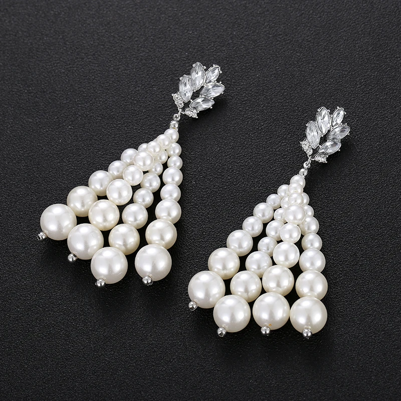 

New Trendy Elegant Simulated Pearl Beads Tassel Long Earrings Women Pearls String Statement Wedding Birdal Drop Earrings Gift