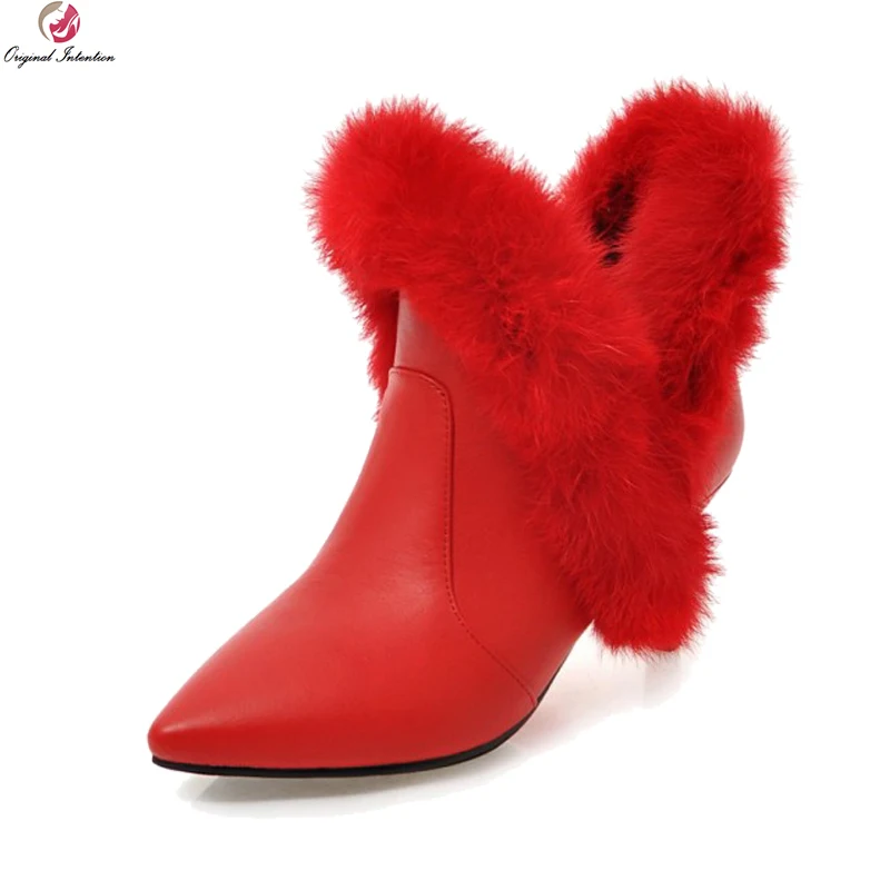 

Original Intention Fashion Women Ankle Boots Fur Pointed Toe Thin Heels Boots Elegant Black White Red Shoes Woman US Size 3-10.5