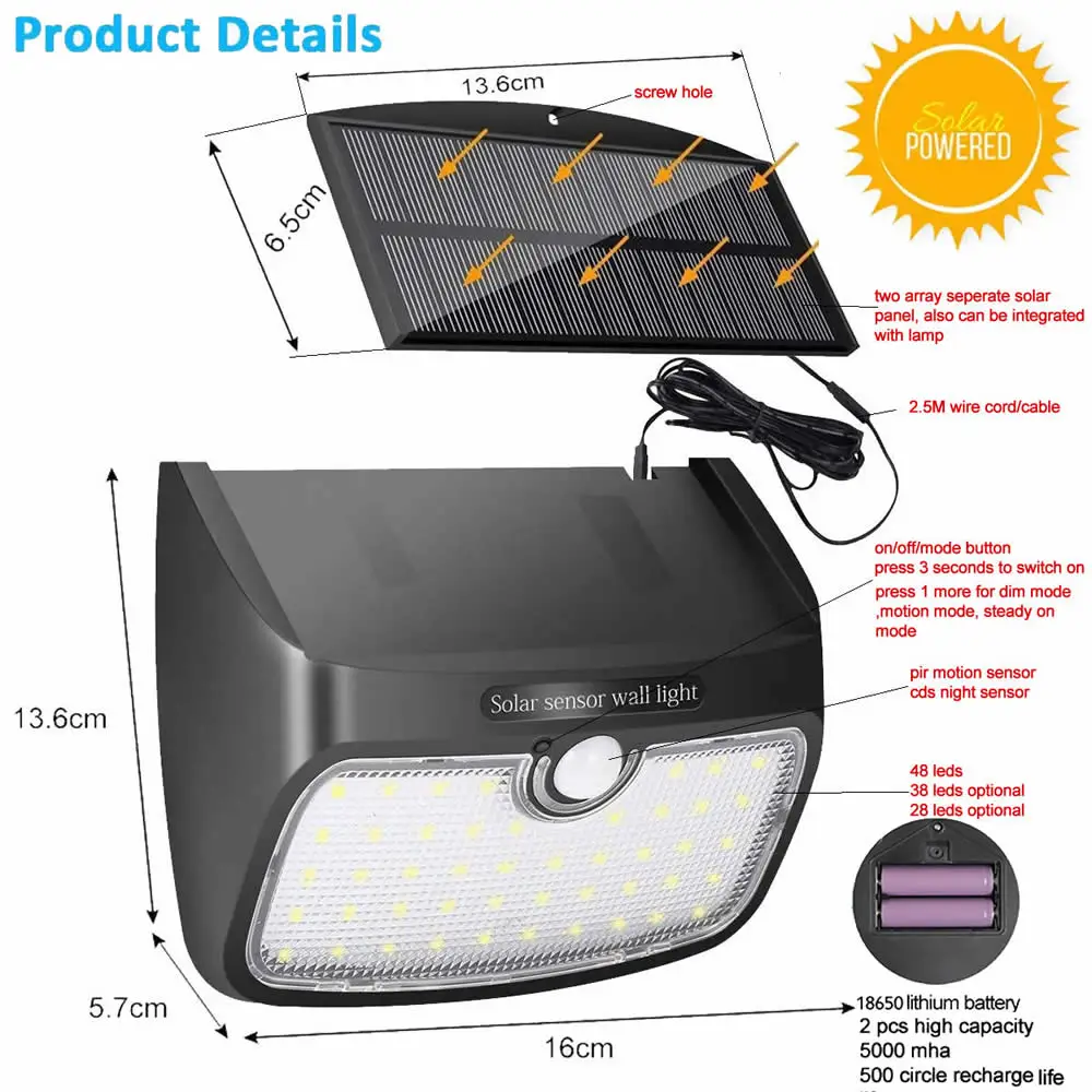 48 Светодиодный 900lm Солнечный внутренний свет PIR движения радар умный светодиодный солнечные Настенные светильники водонепроницаемый до 5 м кабель уличная стена открытый свет для