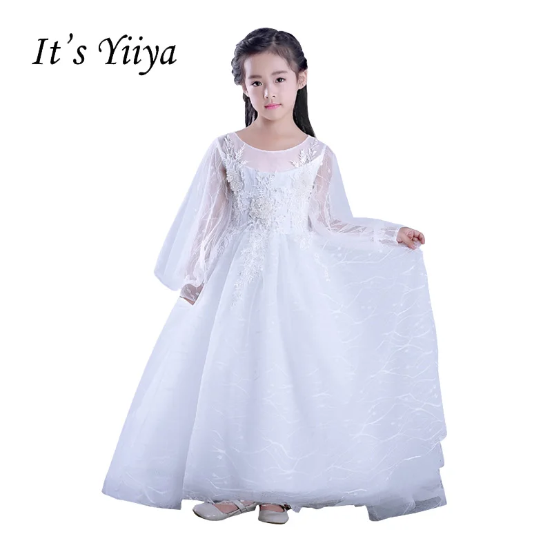 Это yiiya одежда с длинным рукавом белого шифона молния Иллюзия Поезд Appliques Цветы Дети Принцесса Платье для девочек с цветочным узором