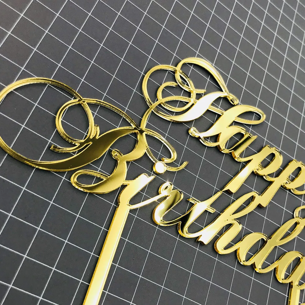 Mirror Gold Happy Birthday Cake Topper Decoration White Black Glod Silver Color Acrylic Cake Topper Stand Gift Supplies (4)