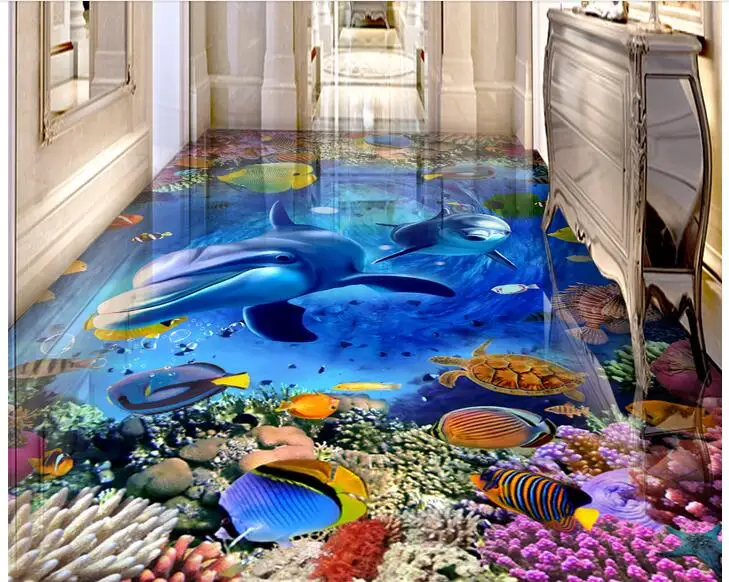 

3d pvc flooring custom mural Self adhesive waterproof floor dolphins and sea painting picture photo wallpaper for walls 3d