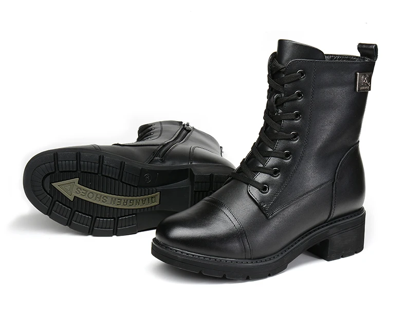 Qaingran/Новое поступление; женские зимние сапоги в военном стиле из натуральной кожи и шерсти; черные зимние сапоги на резиновой подошве; обувь на высоком каблуке для улицы