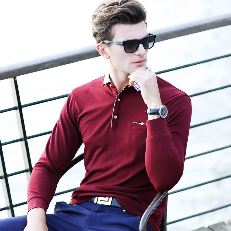 Весенне-осенние мужские рубашки поло с карманом, мужские рубашки поло с длинным рукавом, рубашки поло, деловые повседневные однотонные облегающие рубашки поло - Цвет: 8877 wine red