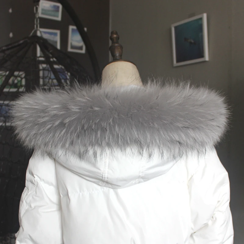 Зимняя куртка из натурального меха, воротник из натурального меха енота, женские шарфы, пальто, женская шапка, длинный теплый шарф из натурального меха, большой размер - Цвет: Light gray black tip