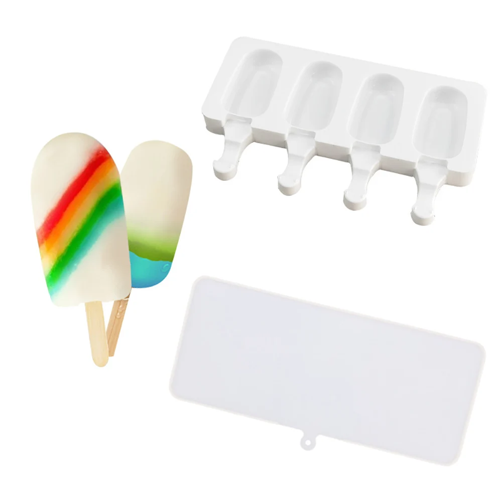 

4 Holes Food Grade Silicone Ice Cream Makers DIY Ice Cream Mold Wth Popsicle Sticks and Mold Cover Kitchen Baking Tools