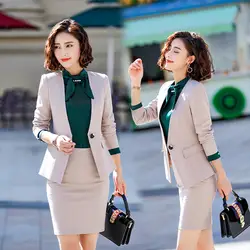 IZICFLY новый бизнес бежевый весенняя одежда для дам офисная униформа Блейзер работы костюм стили Формальные для женщин юбки