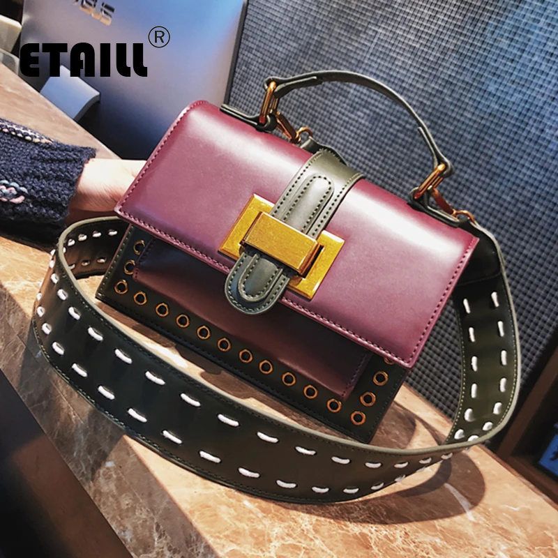 

ETAILL Top Handle Small Flap Cover Bags Ladies Circle Rivets Messenger Bags Luxury Handbags Wide Strap Cross body Shoulder Bag