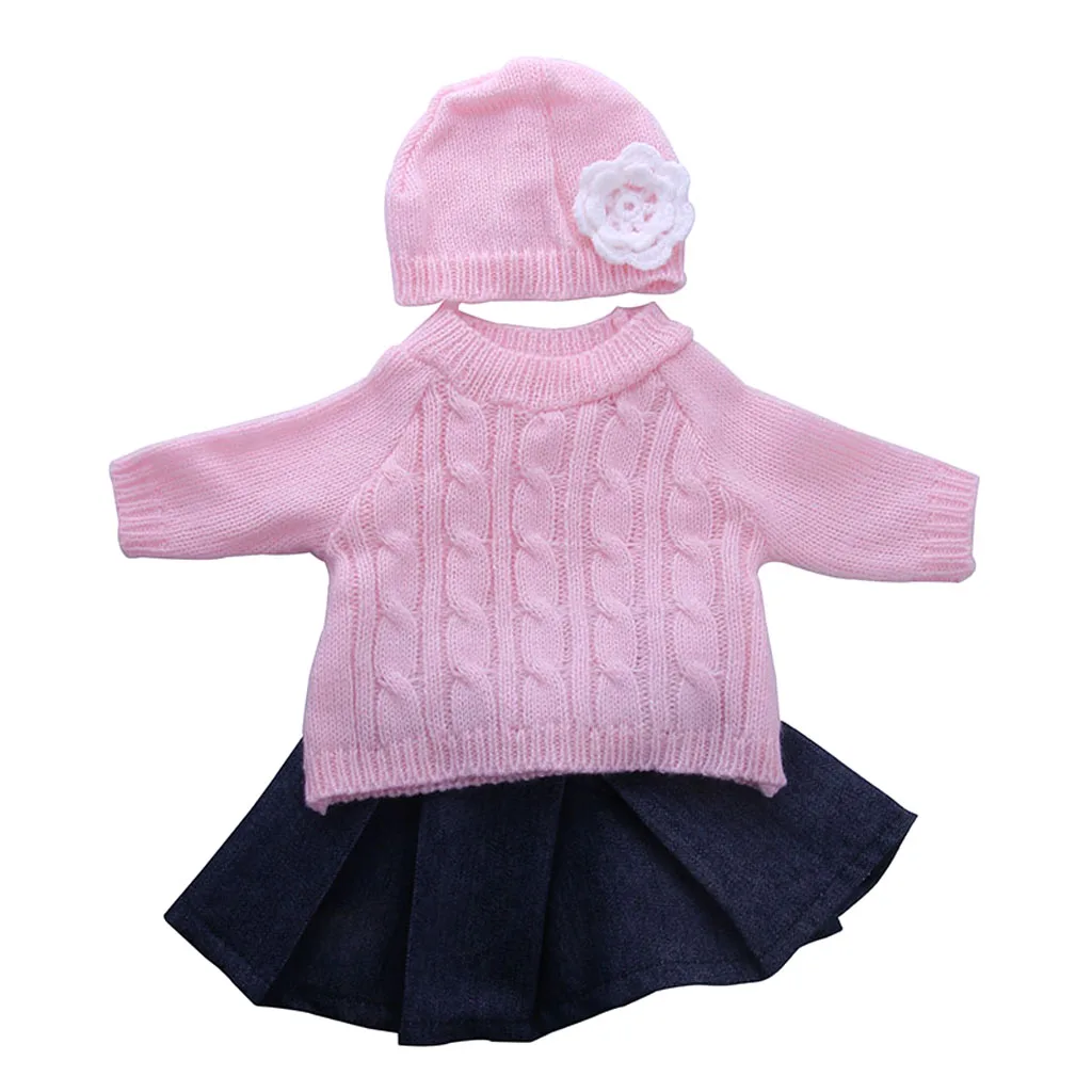  Fashion 3 pieces a set doll clothes Sweater Top Hat Pleated Jeans Skirt for Doll Girl 18'' Doll Clothes