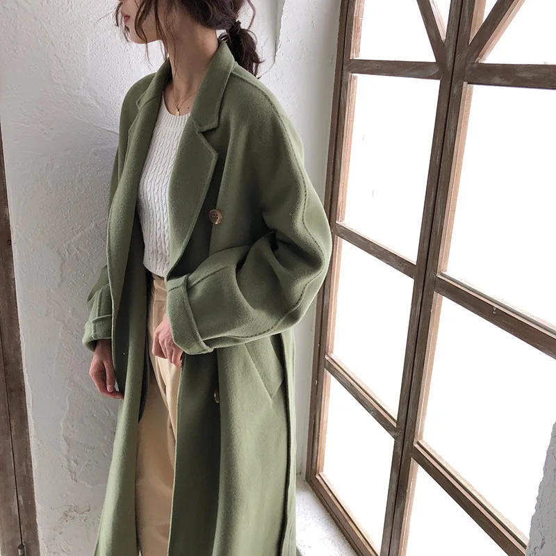 

90% Wool+10% Cashmere Women Long Coat Turn-down Collar Double Breasted Solid Button Autumn Winter 2019 New Items 130