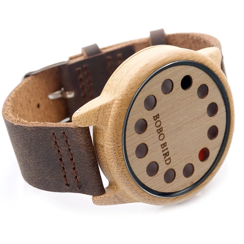 BOBO BIRD 12 Holes Design Bamboo Wooden Watch Mens Quartz Analog Watches with Genuine Leather Band as Gift montre homme