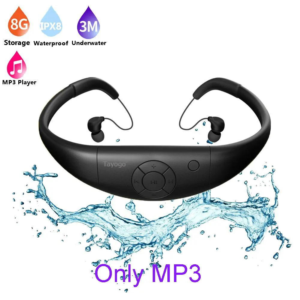 Tayogo водонепроницаемый MP3 плеер bluetooth наушники спортивные IPX8 bluetooth с fm-радио шагомер для плавания Mp3 радио - Цвет: Black only mp3