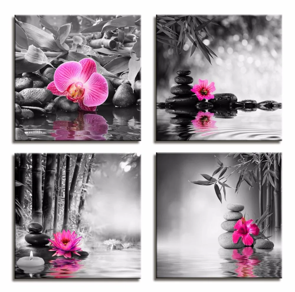 Canvas Prints Zen Art Wall Decor - Spa Massage Treatment Painting Picture Print on Canvas Framed Ready to Hang - Red Orchid Frangipani Bamboo Waterlily...