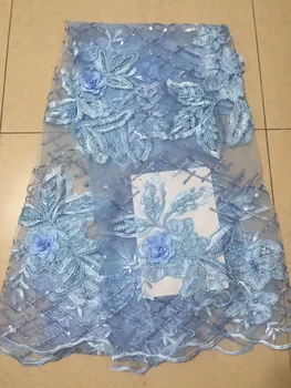 

2018 African French Sky Blue Applique Beads Sequins Lace Fabric,High Quality African Tulle Lace Fabric with Sequins For Wedding