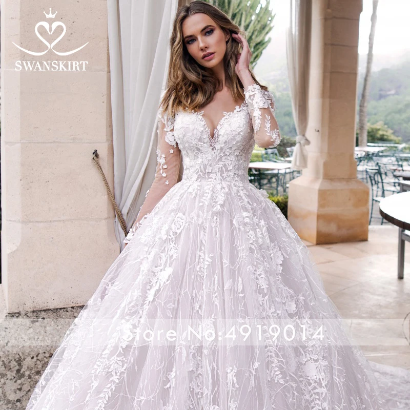 Бальное платье с длинными рукавами, свадебное платье, Swanskirt K185, лиф сердечком, Кружевная аппликация, часовня, поезд, платье для невесты принцессы, Vestido de Noiva