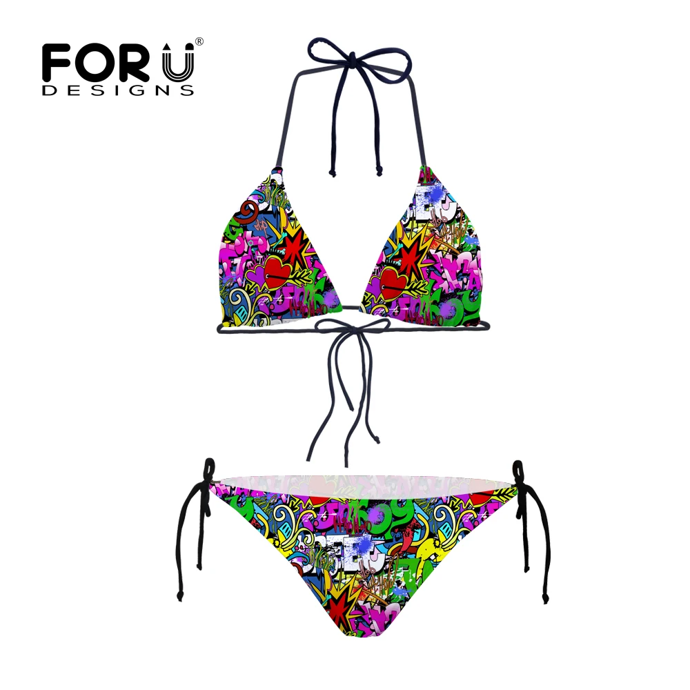 

New High Quality Graffiti Bikini Women Durable Sexy High Elasticity Beachwear Bikini Sets Swimsuits Female Lady Girls Bath Cloth