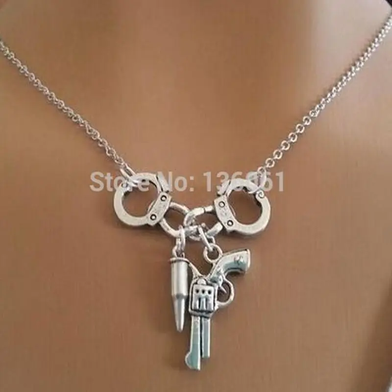 

Handcuff Gun Bullet Necklace Pendants Vintage Punk Collares Gothic Choker Necklace For Women Men Jewelry Friendship Gifts NEW