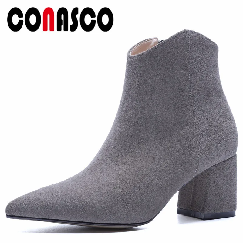 

CONASCO Top Quality Women Cow Suede Ankle Boots Thick Heels Autumn Winter Snow Boots Fashion Martin Shoes Woman Motorcycle Boots