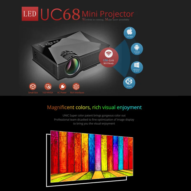 UNIC UC68 Портативный светодиодный проектор 1800 люмен 80 110 ANSI HD 1080 p Full HD видео Wifi Проектор для домашнего кинотеатра