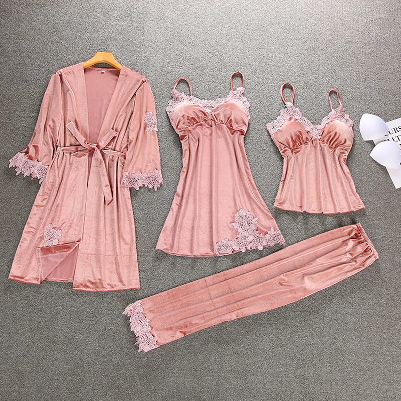 

4 Pieces Women Winter Autumn Robe Set Velour Warm Sleepwear Set Lace Pajamas Fashion Nightwear Set Sexy Home Clothing