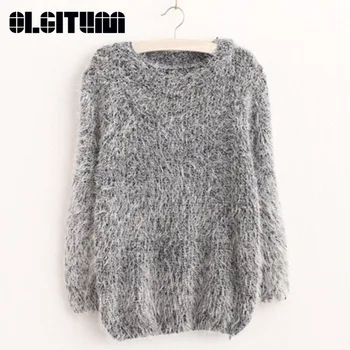 Women Fashion Autumn Winter Warm Mohair O-Neck Women Pullover Long Sleeve Casual Loose Sweater Knitted Tops