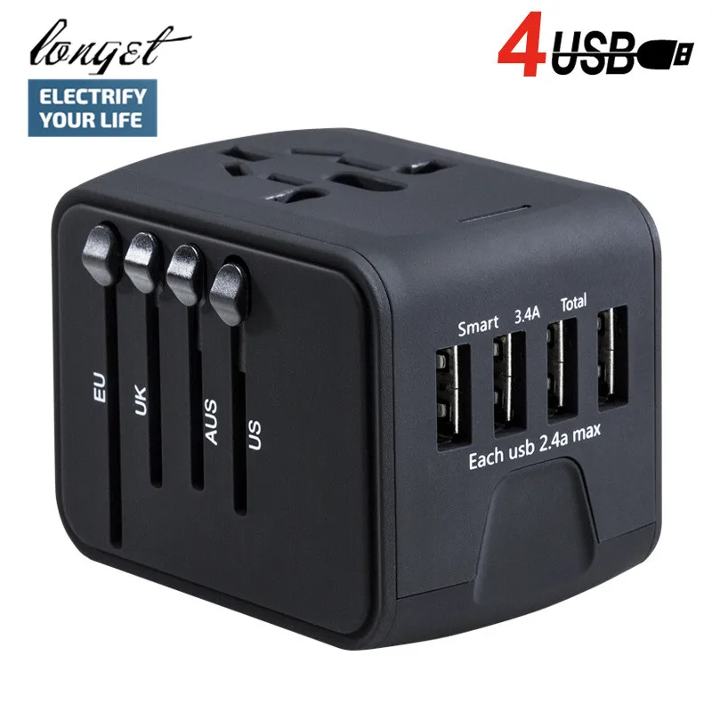 Koop LONGET Travel Adapter Internationale Universele Power Adapter All in one met 3.4A 4 USB Wereldwijd Wall Charger voor UK EU AU Azi euml;