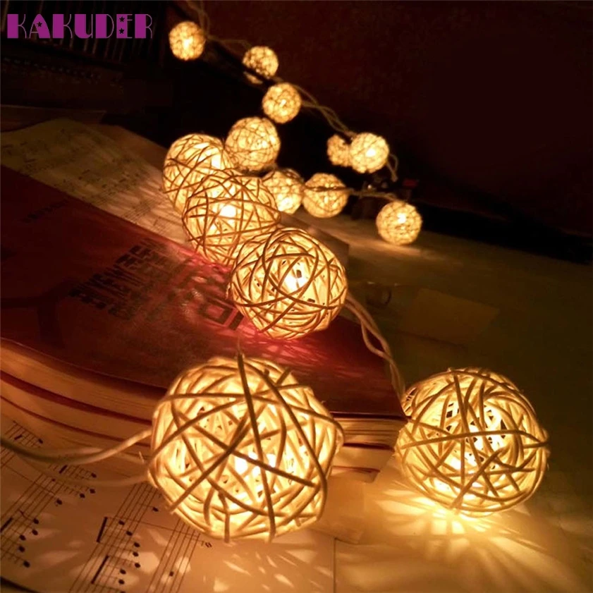 Прямая поставка luzes para festa 20 LED теплый белый ротанговый шар гирлянда сказочные