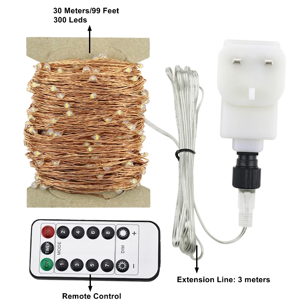 Дистанционный и таймер Dimable светодиодный светильник 300-1000 светодиодный s Звездные огни, 30 м-100 м медный провод Рождественская фея Веревка огни+ ЕС/Великобритания адаптер