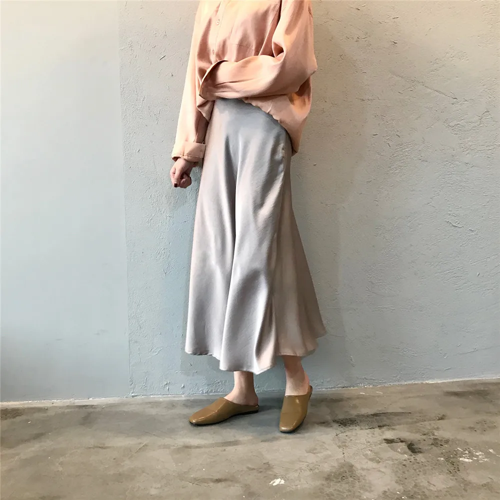 Summer Silk Satin Skirt 2019 Vintage Long High Waist Midi Skirt For Women's A-Line Elegant Autumn Woman Fishtail Skirts Y0320 (25)