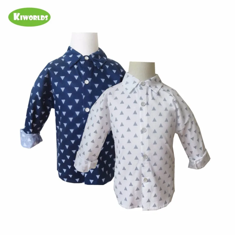 Высокое качество Весна синий белый хлопок с длинными рукавами рубашки для мальчиков, специальные свободные плечи дизайн, милые треугольные узоры