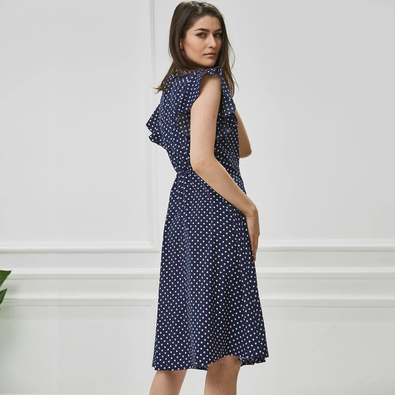 Günstige Tangada polka dot kleid für frauen büro midi kleid 80s 2019 vintage nette A line kleid rot blau rüsche hülse vestidos AON08