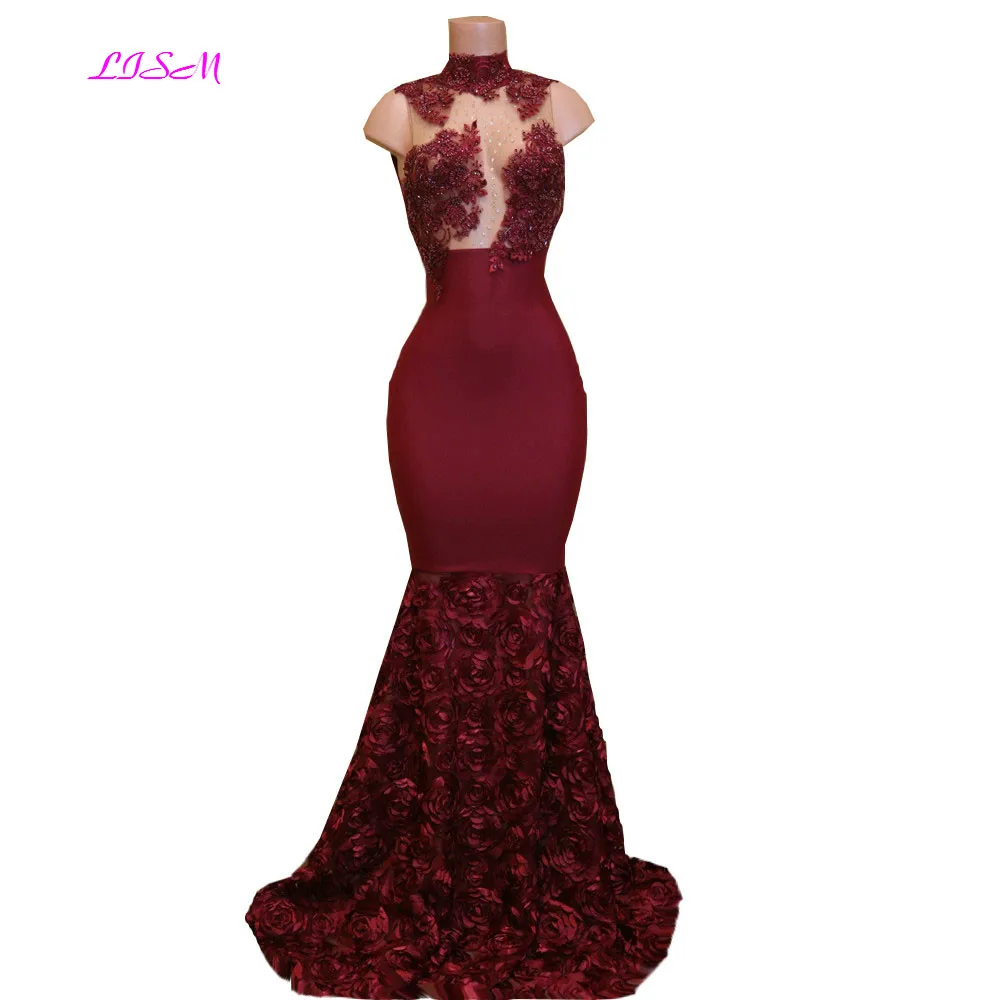 Luxury 3D Petal Flowers Mermaid Evening Dress Sexy High Neck Appliques Bead Long Formal Gowns Illusion Bodice Satin Prom Dresses