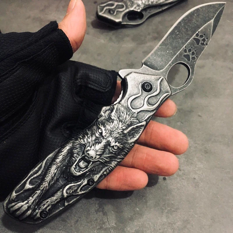 Высокое качество 3D Волк король резной Stonewash Тактический нож выживания кемпинга