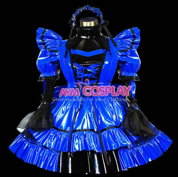 New Arrival Custom made font b Sexy b font Sissy Maid Blue Dress PVC Lockable Uniform