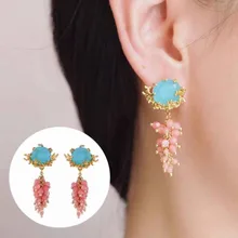 Amybaby модные дизайнерские Эмаль глазури синий камень коралл кисточкой цветок серьги гвоздики украшения для вечерние