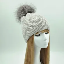 Настоящая меховая шапка с помпоном зимняя женская шапка Новая модная теплая вязаная шапка Брендовая женская меховая шерстяная шапка бини женская шапка