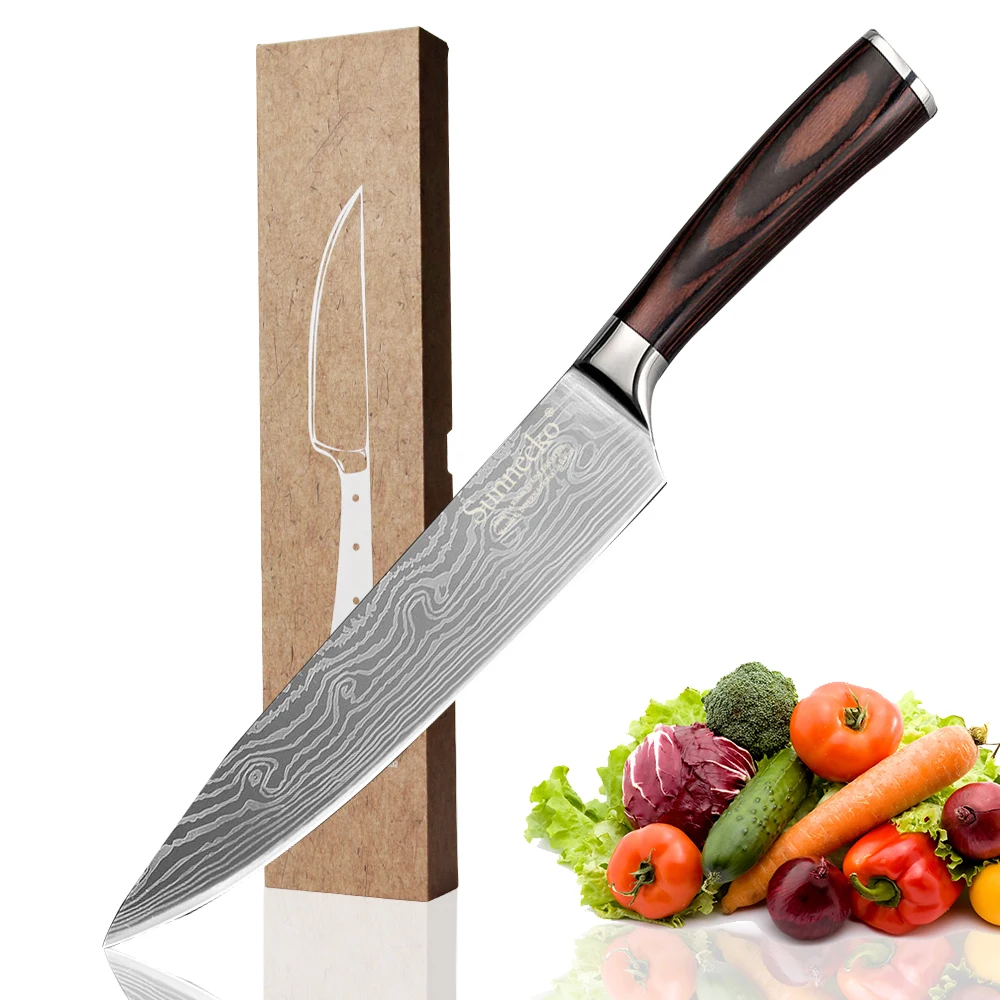 

SUNNECKO 8" Chef Knife Stainless Steel Mirror Laser Pattern Kitchen Knives Wood Handle Sharp Imitation Damascus Chef Knife
