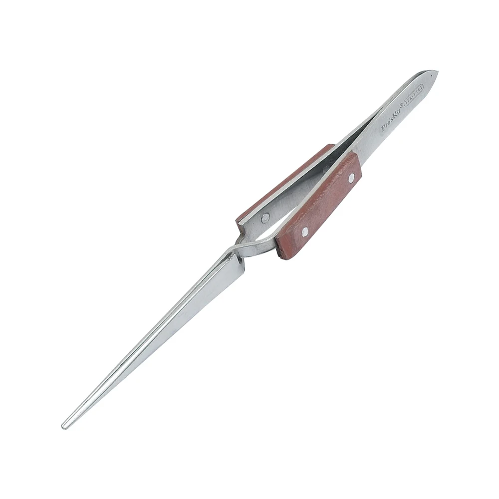 Pro'sKit Wooden Handle Sharp Curved Stainless Steel Tweezer ProSkit Reverse Action Cross-Leg Soldering Tweezer Precision Repair