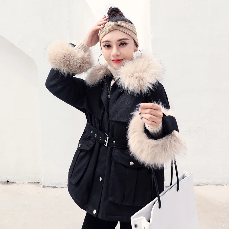 Noir Court Veste rose D'hiver Rembourré kaki Chaud jaune Ceinture Coton Manteau Amovible Fourrure Épais Manteaux Femmes Grande Parka Arrivée Nouvelle 2018 Femme x4Fnw6UU