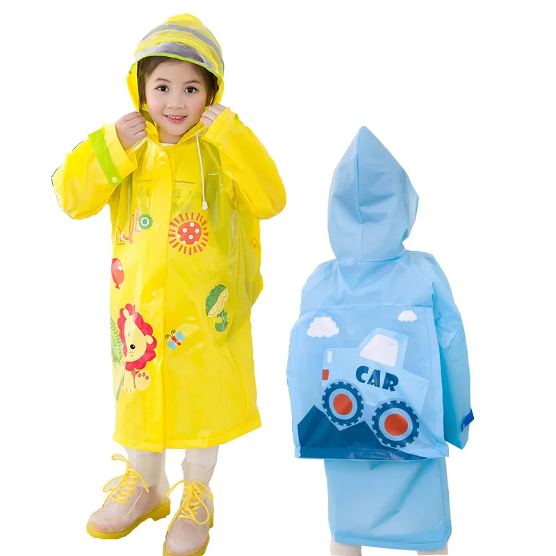 Ancmaple Rain Jacket for Kids Waterproof Hooded Cartoon Raincoat with Schoolbag Position Pockets
