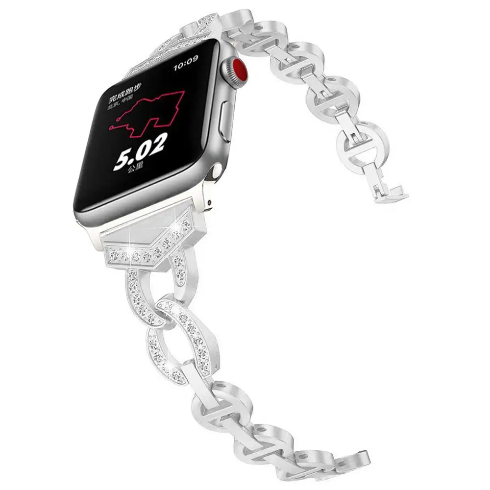 Для умных часов Apple, серия 4, 3, 2, 1, нержавеющая сталь, для женщин, Vo, алмаз, для IWatch, полосы, металлический ремешок для часов 38, 40, 42, 44 мм - Цвет: Серебристый