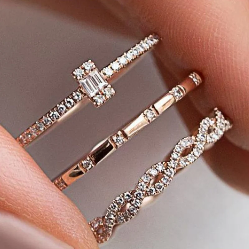 

3 Pcs/Set High Quality Fashion Micro Inlayed Cross Rings For Women Wedding Cubic Zircon CZ Crystal Ring Rose Gold Color