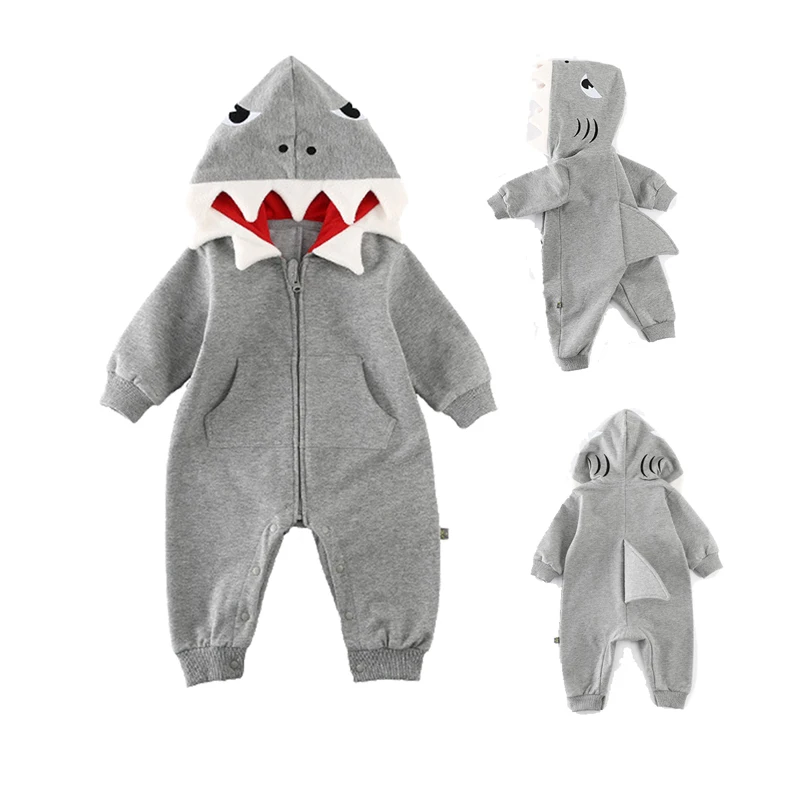 Комбинезон с капюшоном для новорожденных и маленьких мальчиков; костюм с объемным рисунком акулы и динозавра; детский хлопковый комбинезон на Хэллоуин и Рождество с изображением животных; один размер для детей