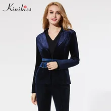 

Kinikiss 2018 women winter suit elegant dark blue sexy slim pleuche overcoat patchwork 3D notched lapel fashion sexy coat women