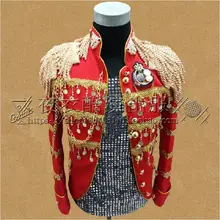 Свадебные Блестки костюм, мужские блейзеры сценические костюмы для мужчины-исполнители DJ черный красный воротник стойка военная одежда костюмы пиджак Вечерние