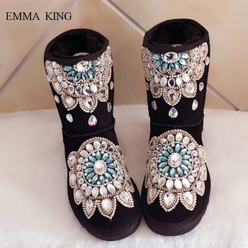 

Fashion Slip On thicken Suede Women's Shoes Handmade Crystal Flowers Chains Warm Snow Boots Winter Flats Ankle Boots for Women