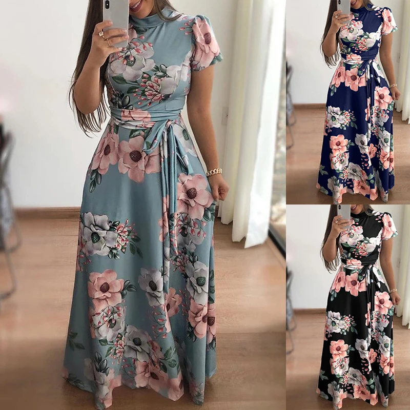 BBYES Autumn Fashion Floral Print Belt Stand Collar Short Sleeve Long Dress Vintage Maxi Dress
Casual Party Dresses Vestidos